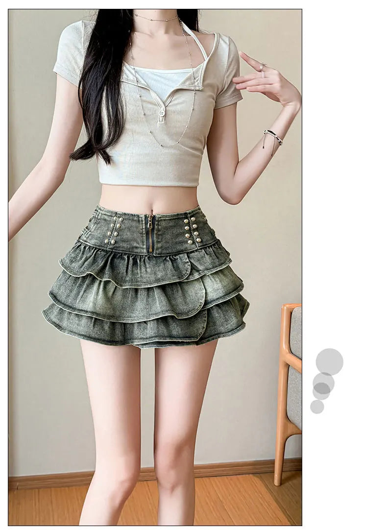 American Style Spicy Girl Design Elastic Denim Cake Short Skirt Women's Summer Pure Desire High Waist Slimming Pleated  S...