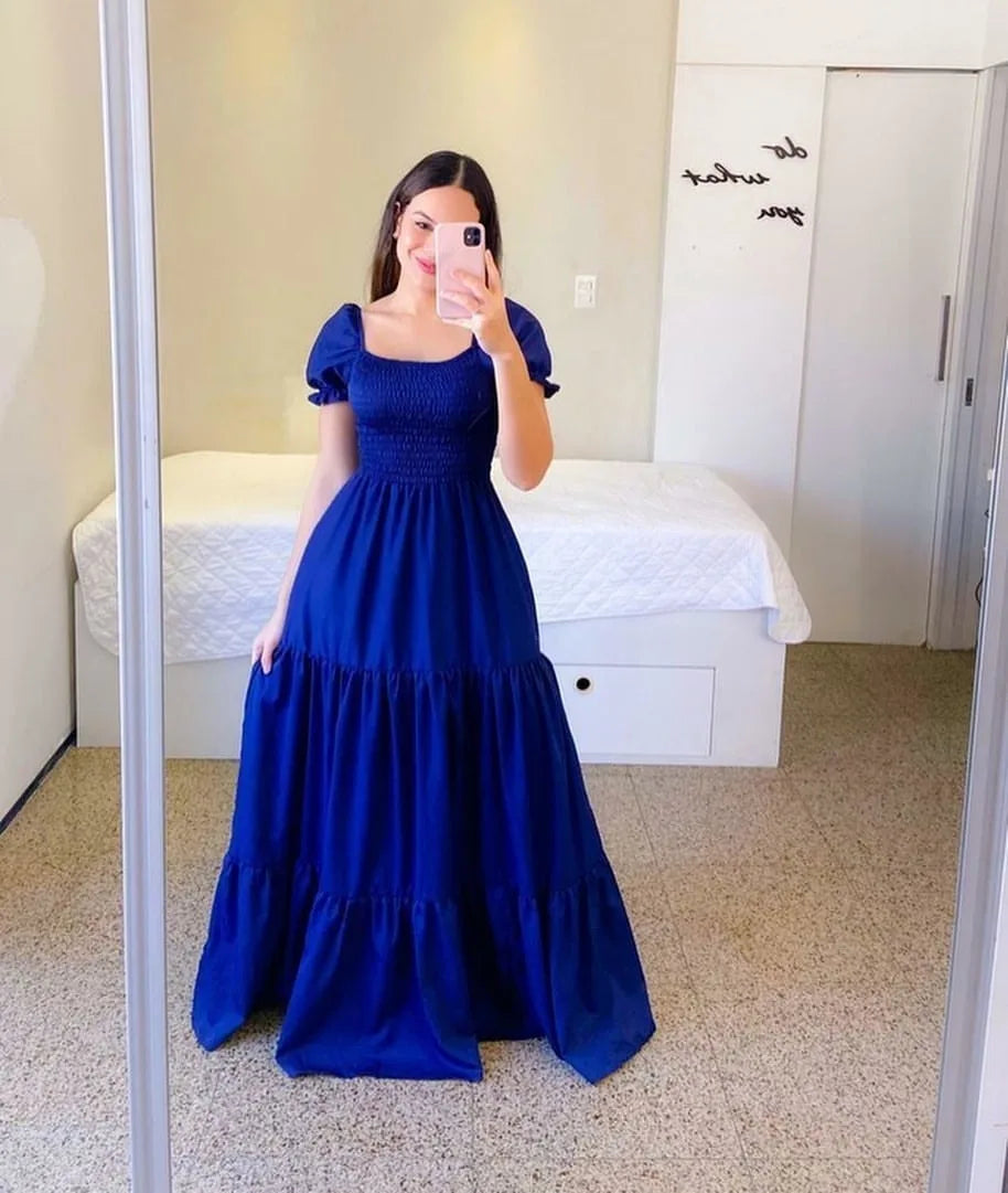 New Women's Boho Floral Dress Spring Summer European American Women's Clothing Off-shoulder Fragrant Long Solid Color Dress