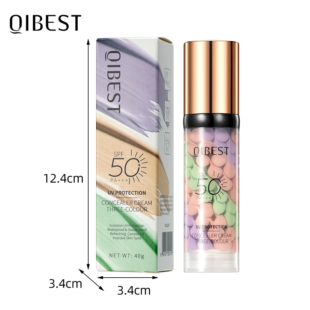 Qibest Face Makeup Primer Tri-Color Cream Brighten Contour Color Isolation Waterproof Foundation Natural Makeup Base Cream