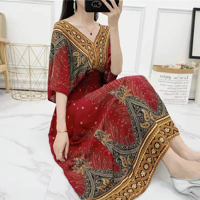 Summer New Casual Elegant Retro Bohemian Style V-neck Elastic Waist Large Swing Printed Long Skirt Autumn Summer Dress