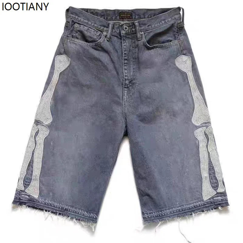 Y2k Retro Harajuku Denim Shorts Women's Washed Patchwork Tassel American Retro Jeans Men's Loose Hip-hop Bone Denim Shorts 2025