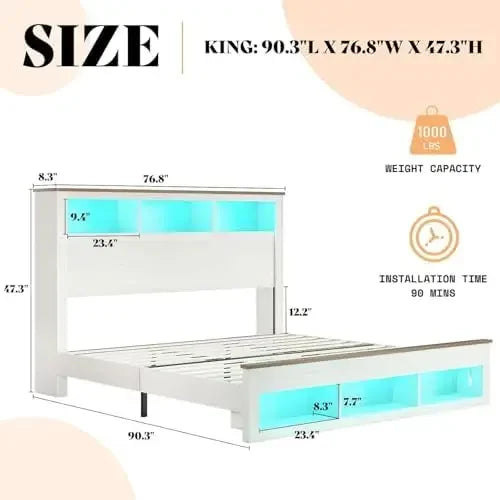 3-piece Farmhouse Bedroom Furniture Set, Includes 1 King LED Platform Bed Frame with Bookcase Storage Headboard