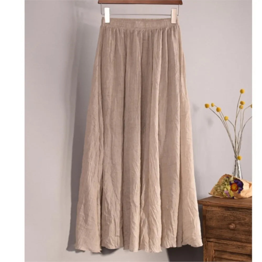 2025 Summer Women All-match Long Skirt Mid-calf Casual Linen Elastic Waistband One Size Expansion Hemline Lined Female Skirts