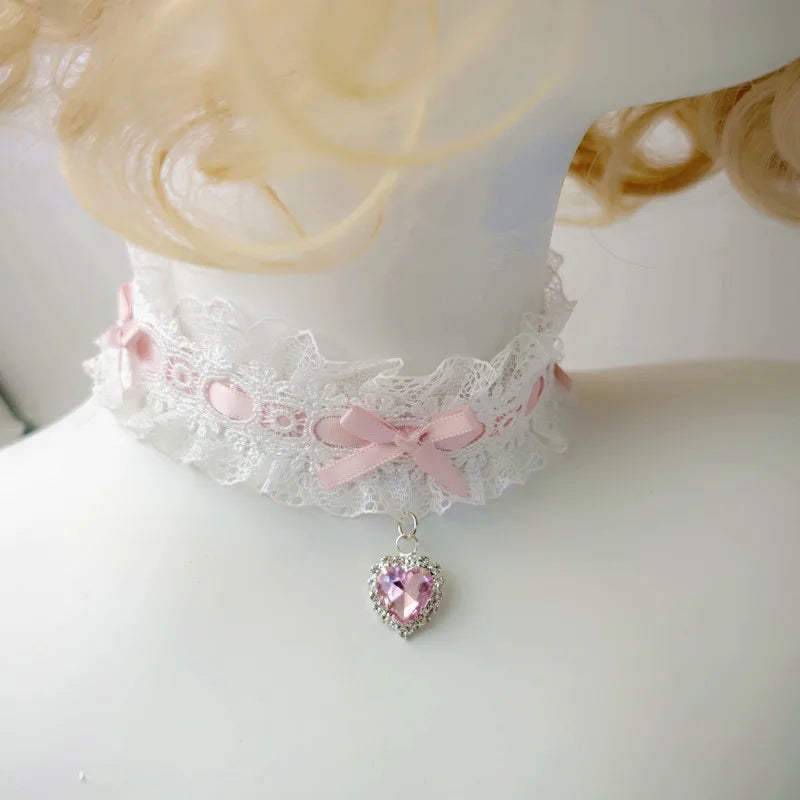 30Cm Lace Bow Necklace Sweet Love Heart Gem Charm Lolita Girls Necklace Cosplay Collar Chains Dancing Jewelry For Wedding
