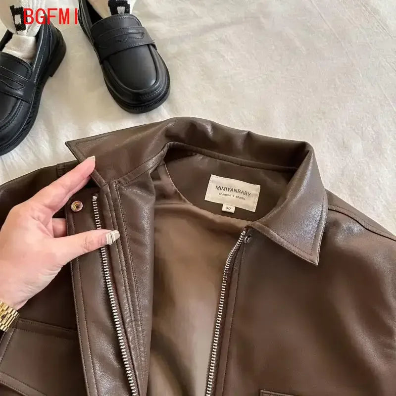 2-10Y Baby Boys Girls Zipper Jackets Brown Pu Leather Lapel Collar Coats Korean Style Autumn Single Breasted Toddler Cardigans
