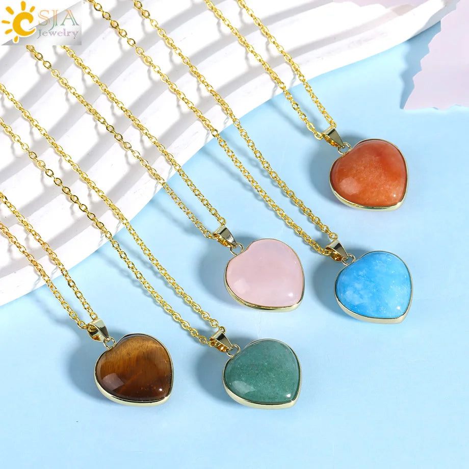 CSJA Heart Natural Stone Crystal Necklaces Pendants for Women Pink Quartz Clear Amethysts Healing Necklace Decoration H674