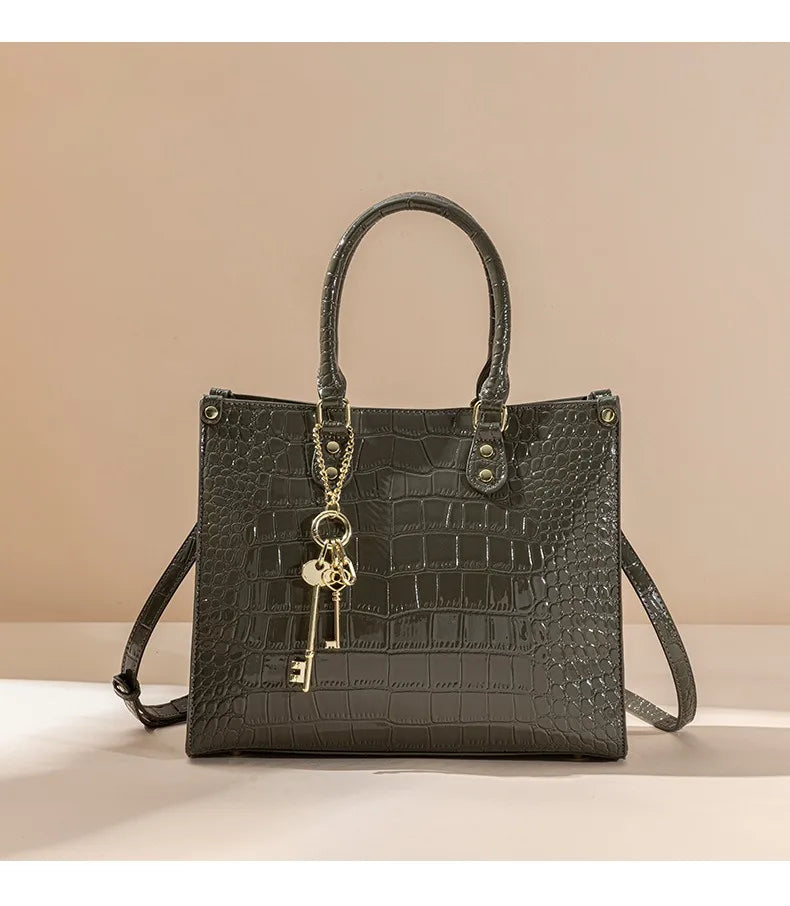 Shiny Crocodile Pattern Top-Handle Bag Women Glossy Patent Crossbody Shoulder Bag Elegant Tote Satchel with Key Pendant
