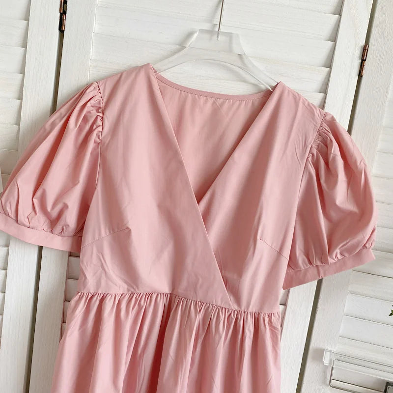 Retro Elegant  Color V-neck Bubble Sleeve Waist-cinching Slimming Casual Lace Trim Dress Women Summer Midi Dress