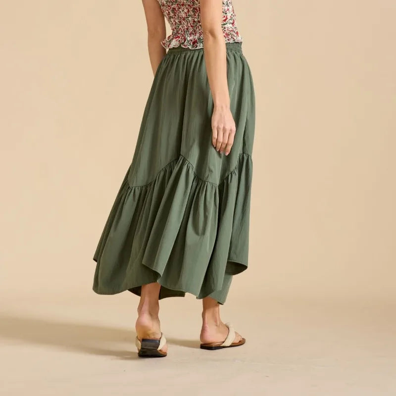 Summer Boho Maxi Skirt Women's Adjustable Drawstring High Waist Cascading Ruffles Artistic Flare European Vintage Style Sexy