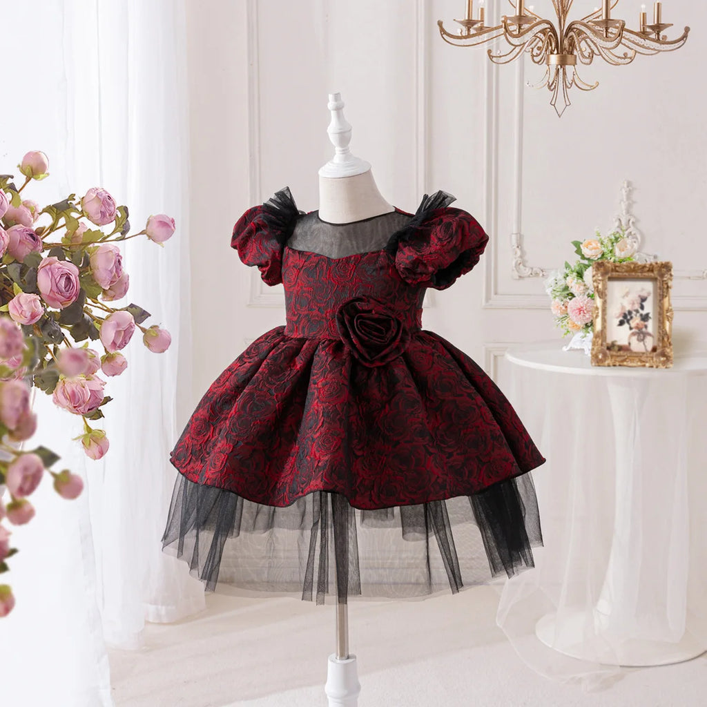 HETISO Rose Floral Kids Girls Party Dresses Elegant Princess Tulle Children Ball Gown for Christmas Wedding Birthday