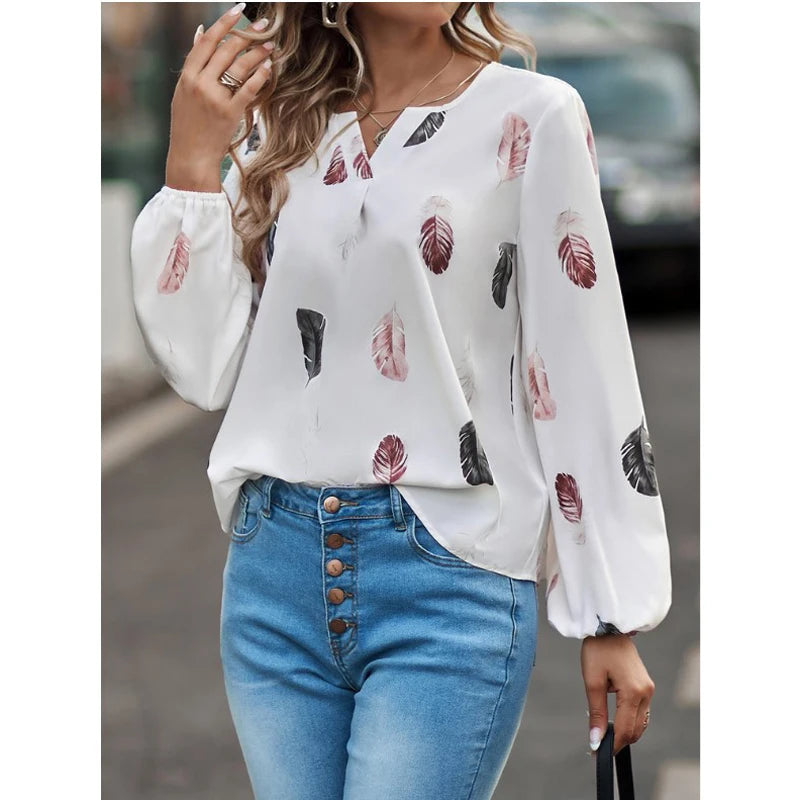 Fashion Woman Blouse Shirts For Women'S Stylish Top Long Sleeve Feather Pattern Female Tops Elegant Chiffon Mujer Woman Clothes