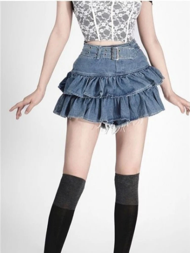 Sweet Denim Skirts Women 2025 Faldas Mujer De Moda High Waist A-line Ruffles Jupe Fashion Korean Saia Casual Summer Mini Skirt