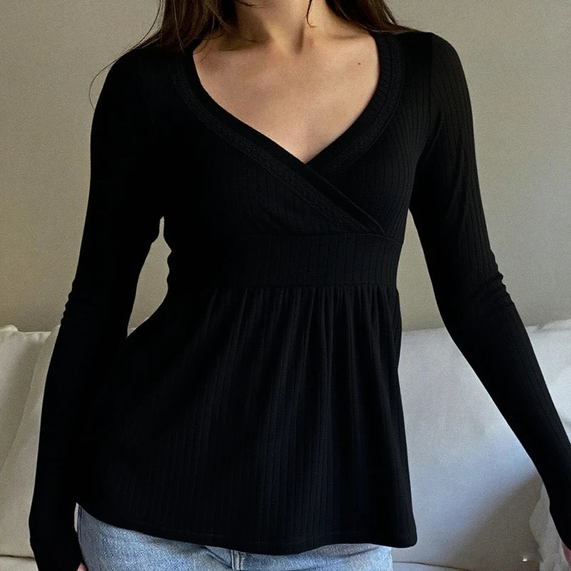 Maemukilabe Women's V-Neck Long Sleeve T-Shirt - Vintage Y2k Style