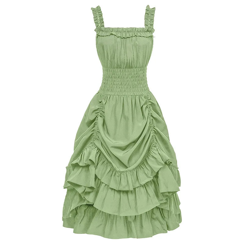 2026 Vintage Victorian Ruffle Midi Dress,High Waist A Line Women Sling Dress,Medieval Cosplay Party Dress for Women Summer Beach