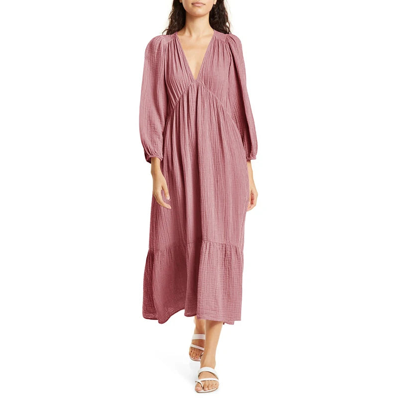 Muslin 100% Cotton Long Sleeve Dresses For Women Sexy V-Neck Solid Women'S Elegant Loose Dresses Chic Maxi Birthday Party Dress