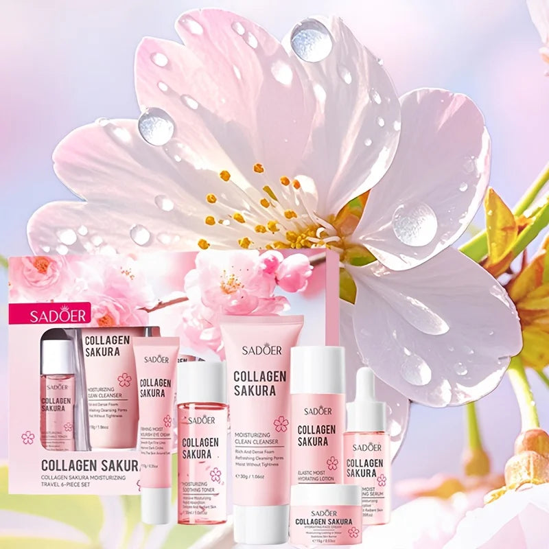 Collagen Sakura Moisturizing Travel 6-piece Set,Contain Cleanser, Toner, Lotion, Essence, Eye Cream, Face Cream, Facial Skincare
