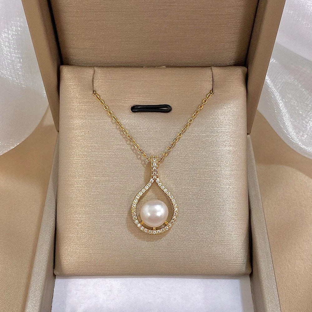 Elegant Zircon Pearl Waterdrop Flower Copper Pendant Necklace Gold Plated Stainless Steel Chain Charms Necklaces Jewelry Gifts