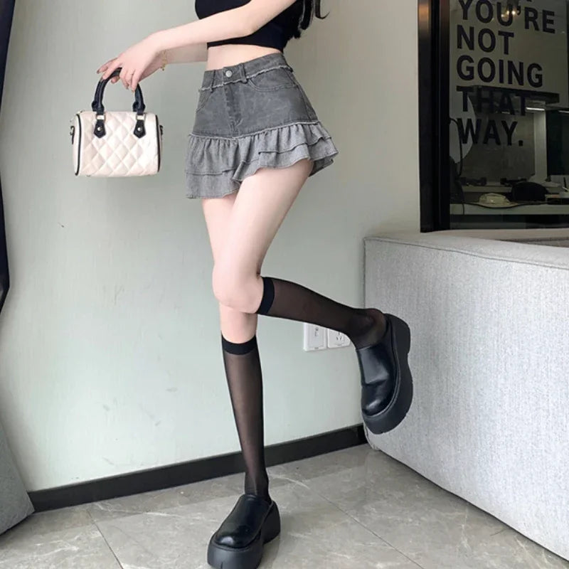 Fashion 2025 New Denim Patchwork Ruffle Denim Skirts Women Summer Retro High Waist Slim Skirts Woman