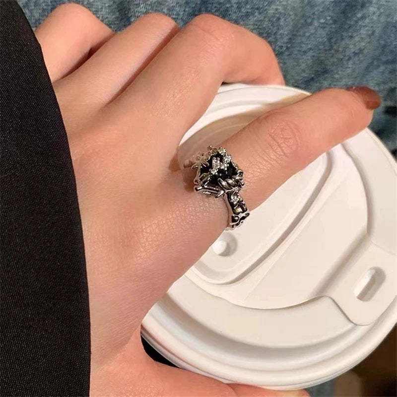 Punk Harajuku Goth Thorns Black Silver Color Irregular Heart Cross Open Ring For Women'S Men Lover Vintage 90S Y2K Grunge Jewely