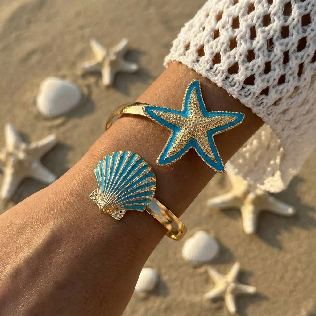 Enamel Flower Open Cuff Bracelet For Women Elegant Gold Plated Floral Beach Jewelry