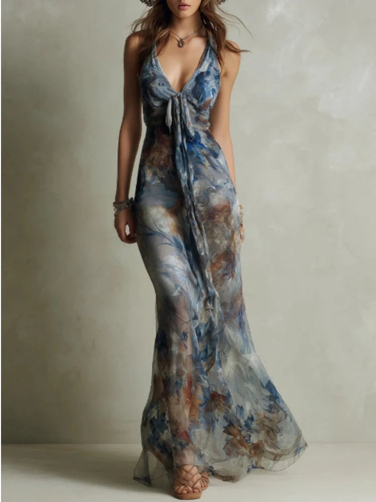 Elegant Women Halter Dress Summer Tie-up Deep V-Neck Backless Flower Print Long Dress Sleeveless Chiffon Slim Maxi Dresses