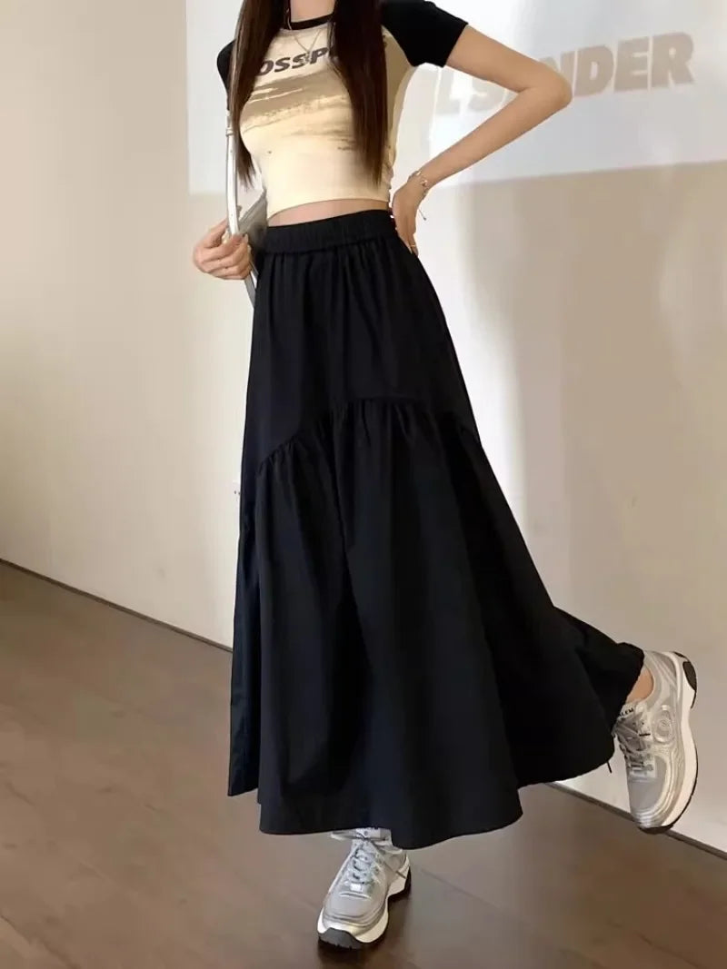 Elegant Women's Skirt Autumn New A-line Simple Fashion Solid Color Bustier Korean Pleated Splicing Elastic Waist Long Skirt