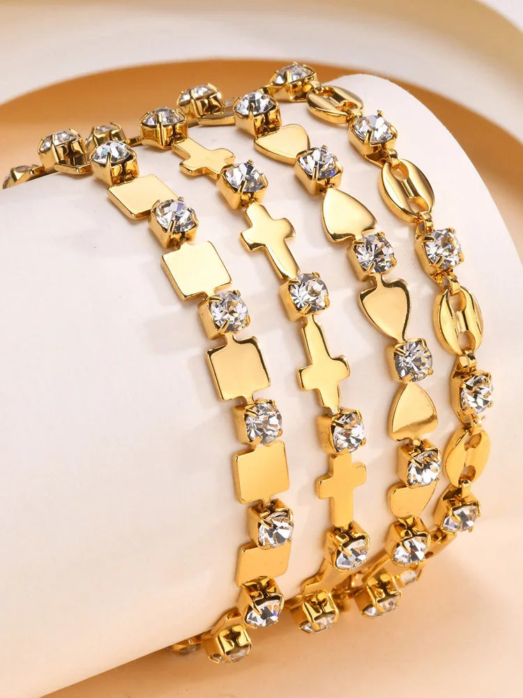 Zirconia Cross Bracelet For Women'S, Stainless Steel 18K Gold Plated Non Tarnish Stylish
