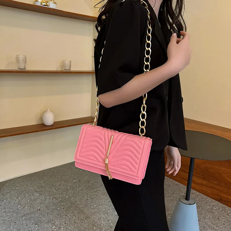 Brand Designer PU Striped Women's Shoulder Bag Fashion Tassel Chain Crossbody Bag Small flap Handbag  2023 Trend