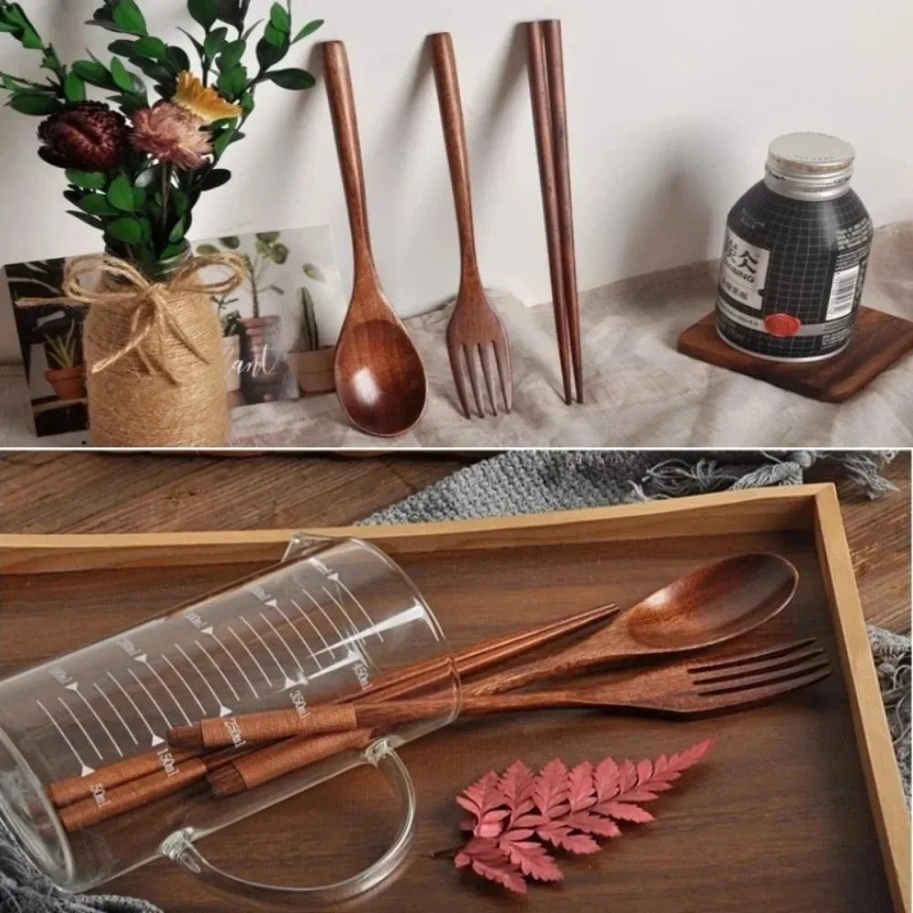 3-Piece Japanese Style Fashionable Wooden Cutlery Set - Includes Spoon Chopsticks And Fork for Elegant Dining Experience