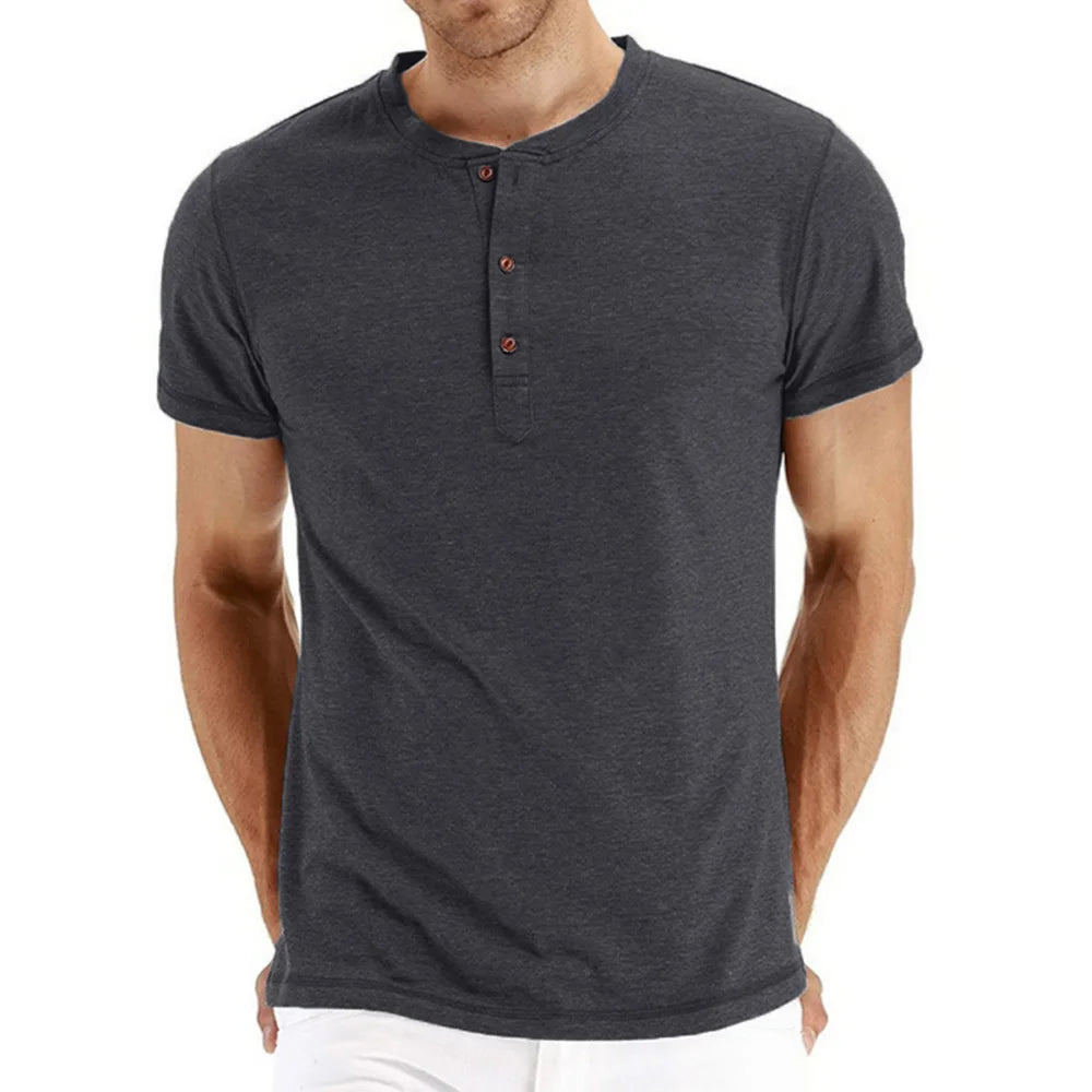 Mens Cotton T Shirt Henley Neck Slim Fit Solid Short Sleeve Premium Quality For Men