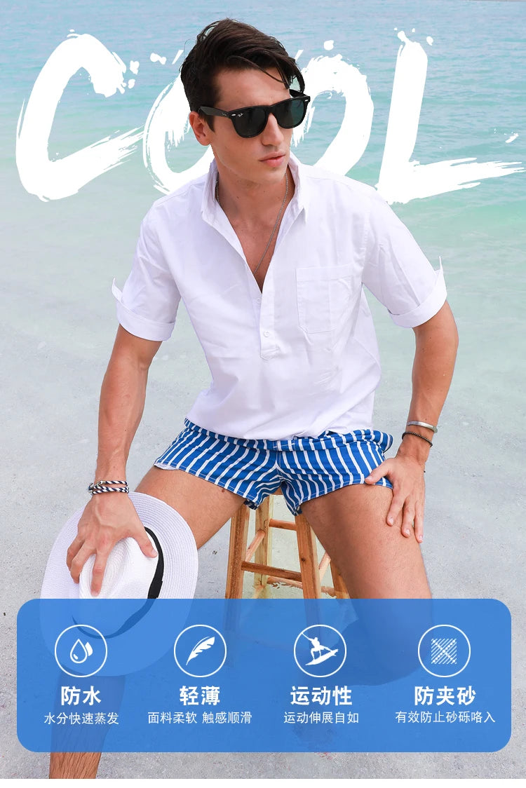 Men Clothing 2026 Beach Pants Men's Beach Vacation White Striped Shorts Hot Spring Swimming Trunks with Lining