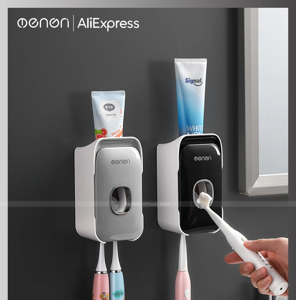 MENGNI Dispensador de pasta dental montado en la pared, exprimidor de pasta dental para baño sin perforaciones, soporte para cepillos de dientes, funcionamiento manual