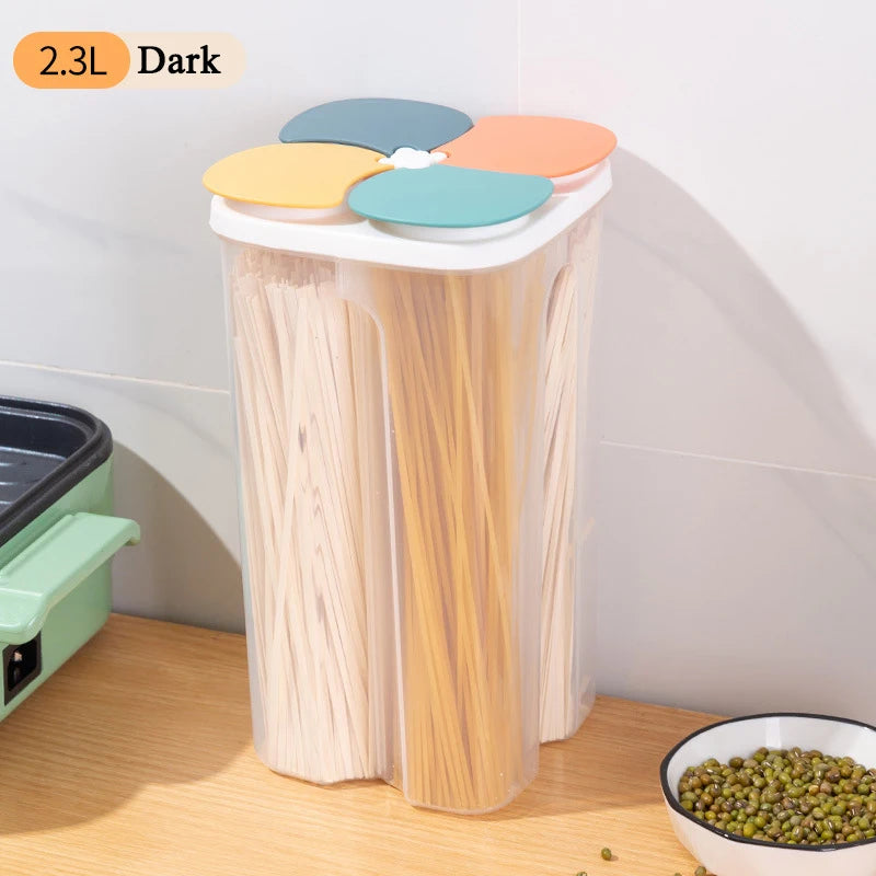 Caja de almacenamiento de cereales para cocina, de plástico, con 4 compartimentos, tarro sellado para cereales, recipiente para alimentos, tanque de grano a prueba de humedad, caja para mantener frescos los espaguetis