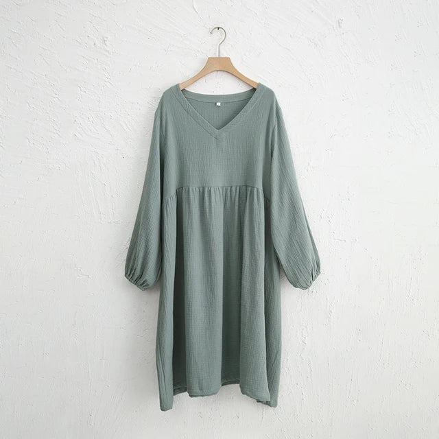 Casual 100% Cotton Women'S Dresses Muslin Sexy V-Neck Long Sleeve Elegant Maxi Dress Midi Robe Female Clothing