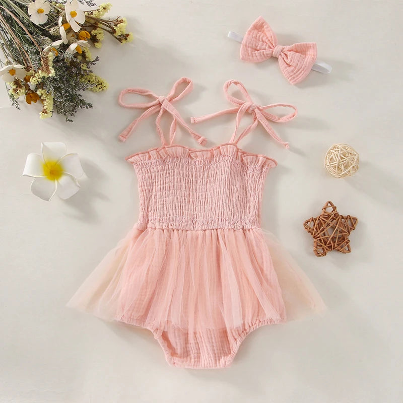 Summer Baby Romper Set Cotton Sleeveless Toddler Princess Tulle Dress Infant Girls Bodysuit Baby Jumpsuit And Headband