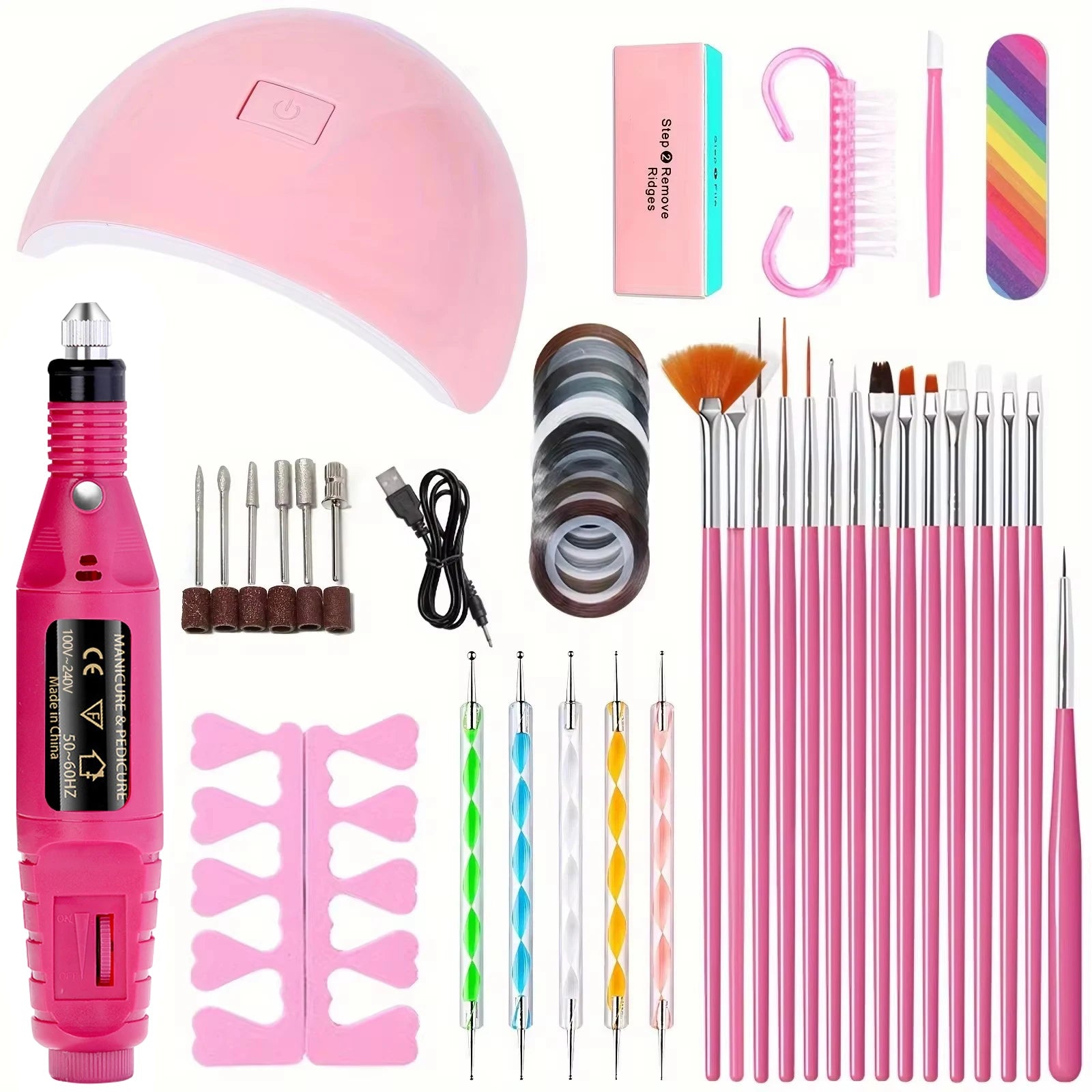 LINMANDA Kit profesional de taladro eléctrico USB para uñas con lima y pulidor, lámpara de uñas UV LED, secador de manicura en gel, kit de inicio de acrílico