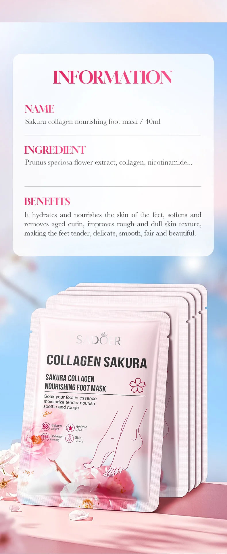 5 Pairs SADOER Collagen Sakura Nourishing Foot Mask Moisturizes Exfoliates And Nourishes Tender Smooth Feet Skin Care Masks