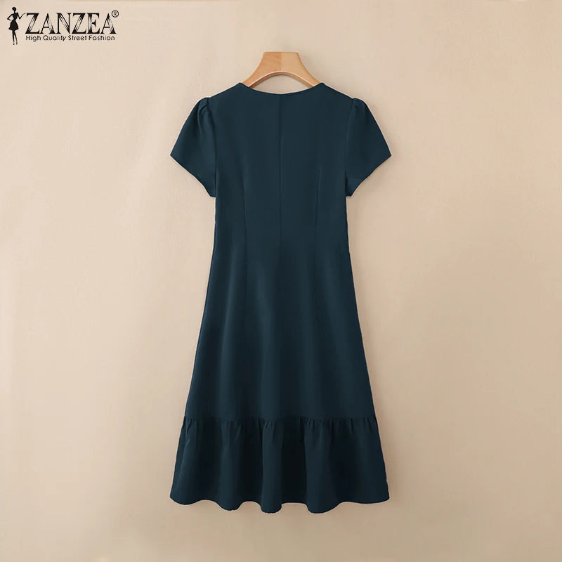 Stylish Summer Dress 2025 ZANZEA Women Elegant V-Neck Midi Dresses Office Work Sundress Short Sleeve Solid Buttons Vestidos Robe