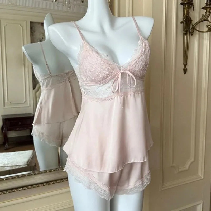 Elegant Lace Sexy Pajamas Women Summer Nightwear With Built In Chest Pad Sexy V Neck 2Pcs Camisole Shorts Homewear Loungewear