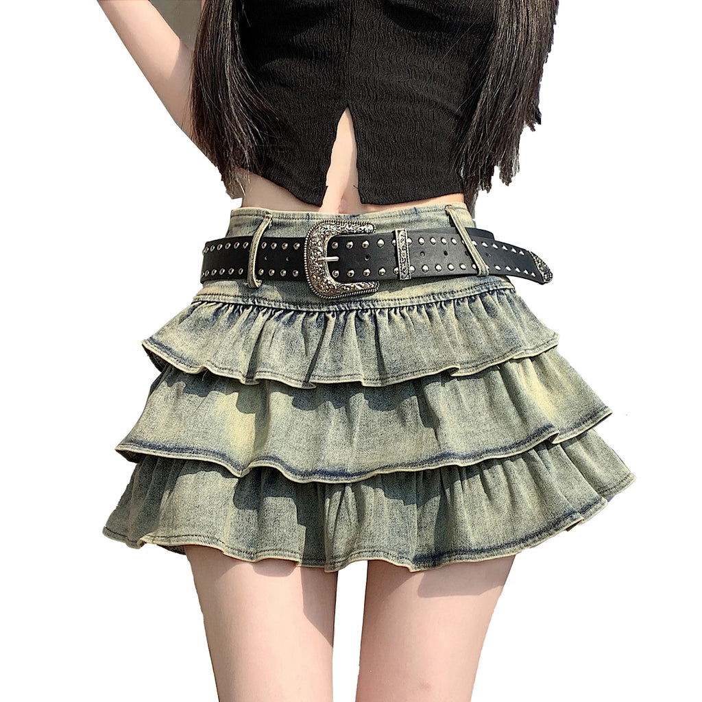 Seoulish American Style Hot Girl Denim Skirt 2026 New Summer Stretch Cake Layer Pleated Skirt High Waist Jeans Mini Skirts Women