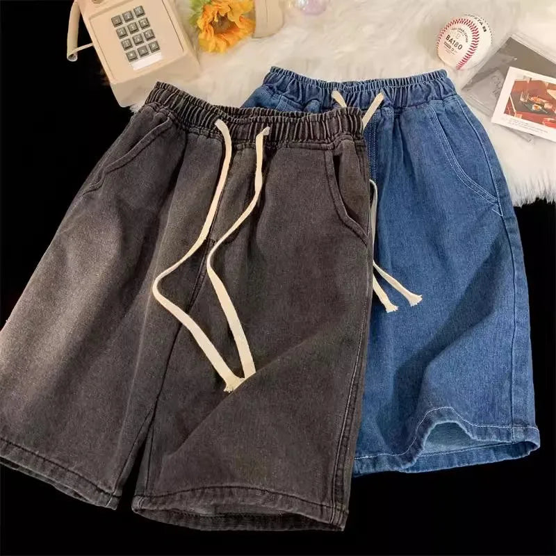 Dragging Streetwear Loose Jeans Men Korean Style Fashion Loose  Retro denim shortsPant Men's Brand Clothing Black  Blue Grey