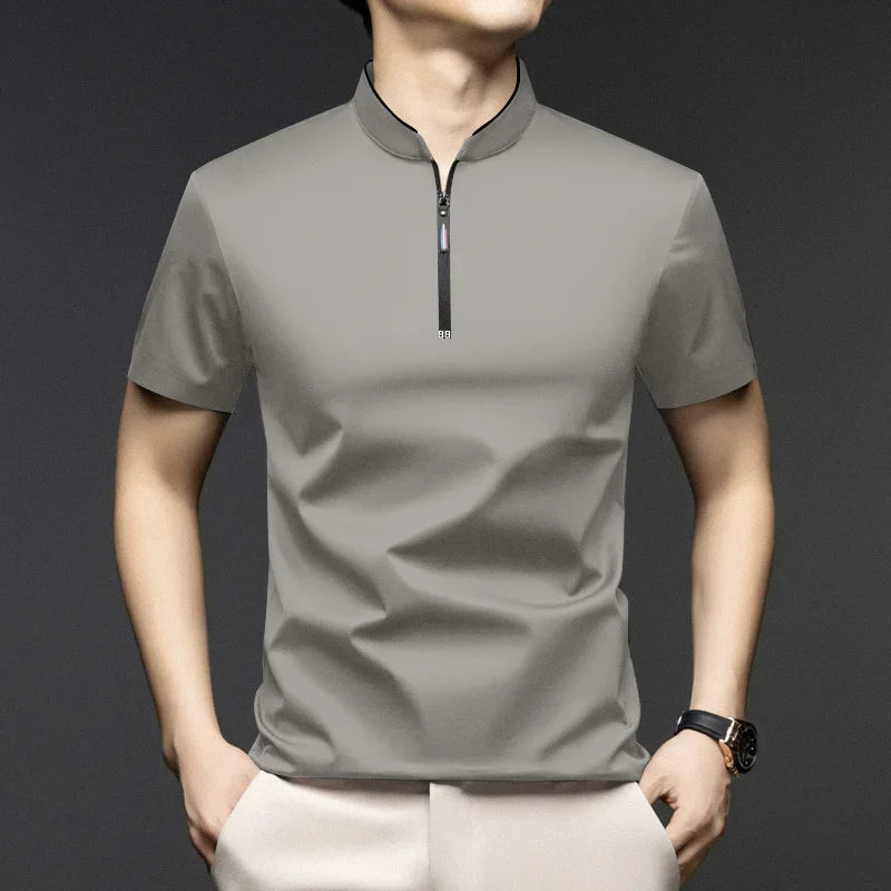 Mens Zipper Polo Shirt Stand Up Collar Solid Color Casual Top For Modern Men Versatile Comfort