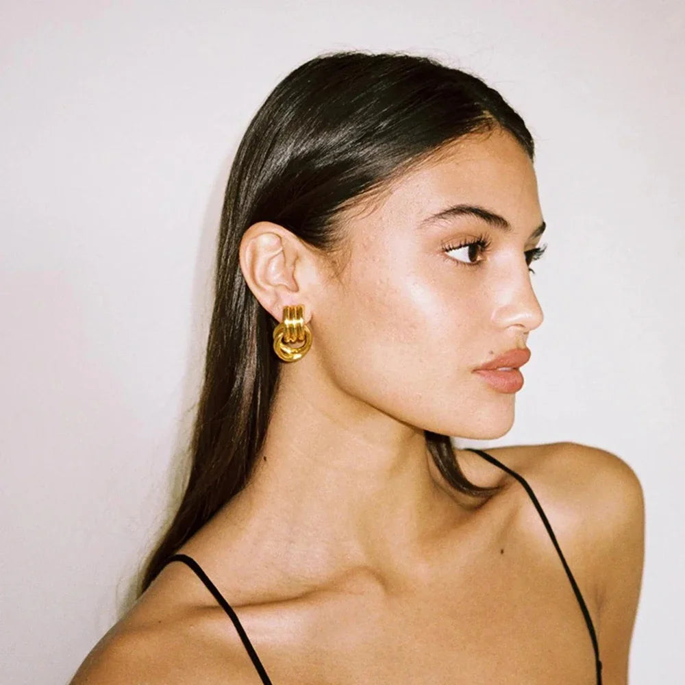 Trendy Stainless Steel Multilayer Circle Twist Knot Earrings For Women'S Texture Mixed Color Gold Plated Statement Earring Bijoux