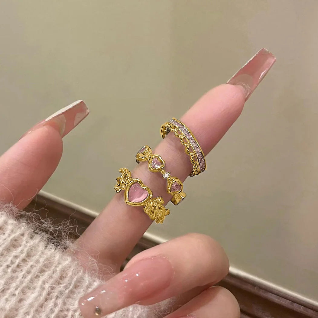 New Y2K Crystal Rings Kpop Heart Adjustable Ring Irregular Geometry Punk Vintage Rings Set for Women Girls 2024 Fashion Jewelry