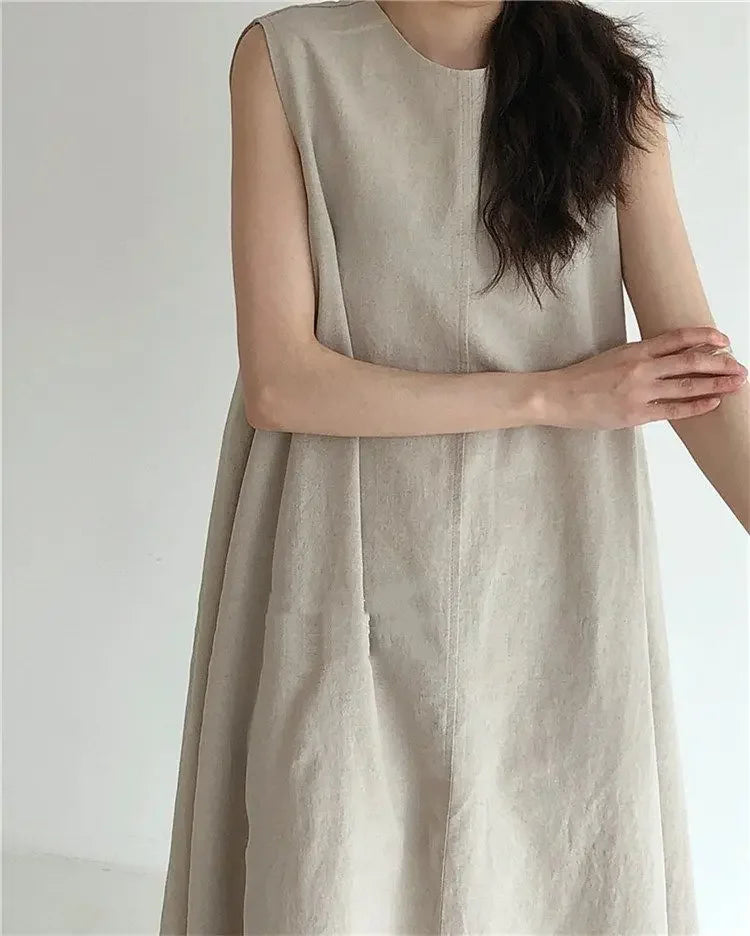 Korean Fashion Women Dress Casual Round Neck Loose Solid Color Casual Big Swing Sleeveless Long Linen Lazy Style Vestidos