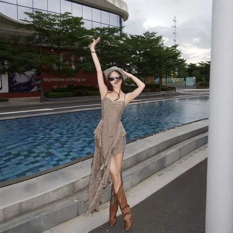 Sexy Bohemian Short Dress with Strap Vintage Retro Desert Wasteland Style Unconventional Skirt for Women Travel Photography