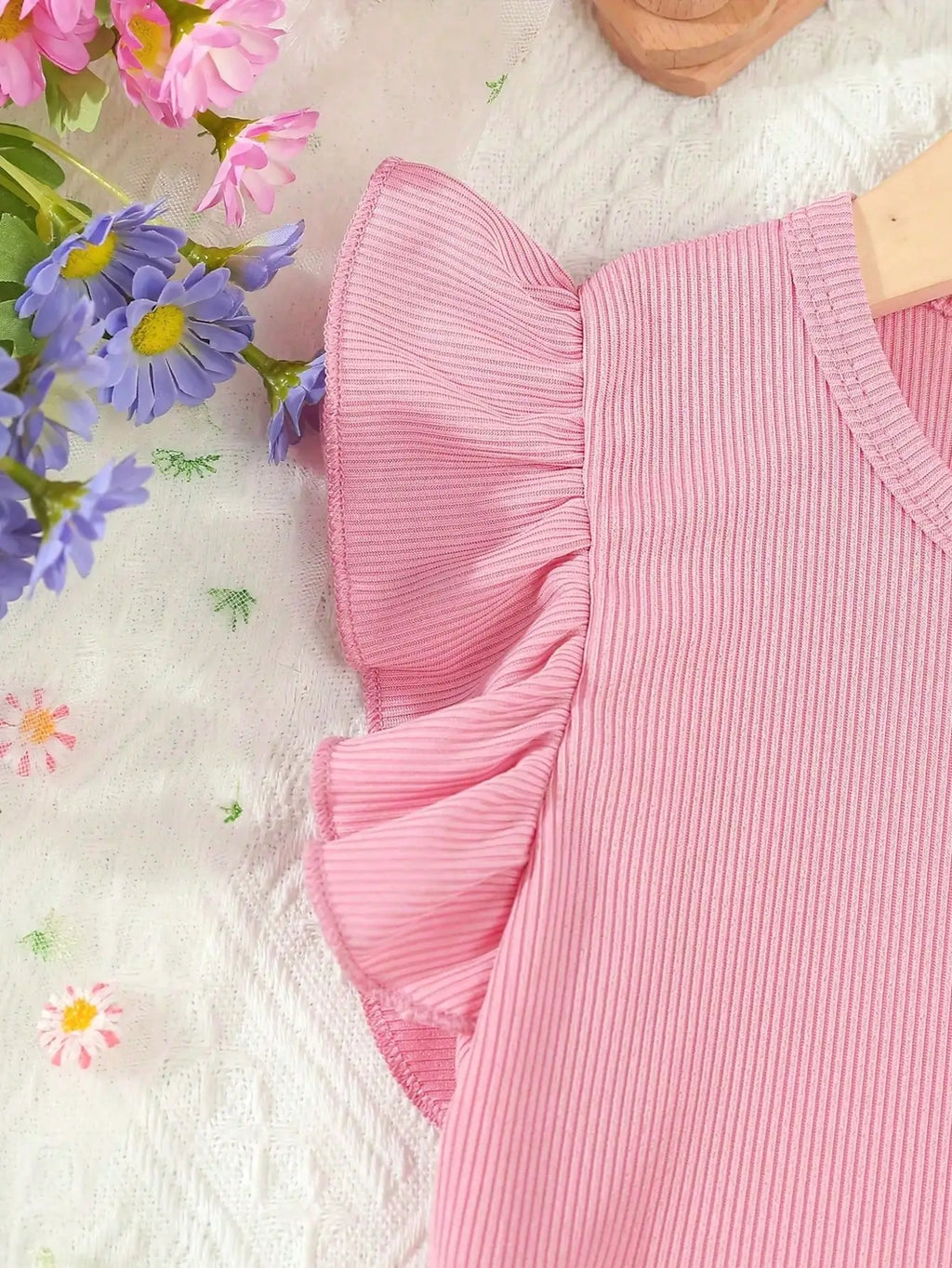 Summer Style Girls' Sleeveless Round Neck Flying Sleeve Pink Printed Dress, Cute Outfit, With Belt