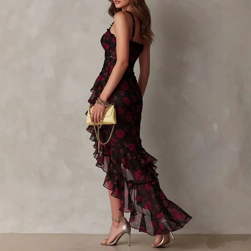 Vintage Rose Print Dress Women Spaghetti Strap Sweetheart Neck Ruched Waist Irregular Sexy Hem Dress Bodycon Party Evening Dress