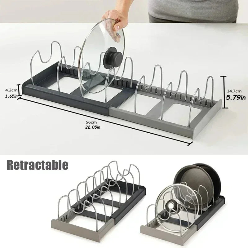 Estante expandible para guardar ollas y sartenes para gabinetes, organizador de ollas y tapas con 6 estantes ajustables para herramientas de organización de cocina