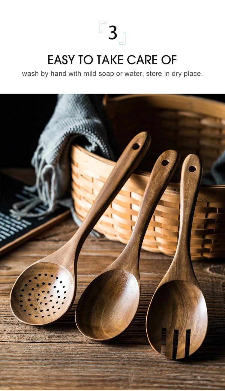 Cucharas de madera para cocinar de 9 piezas, utensilios de madera para cocinar con soporte para utensilios, juego de utensilios de cocina de madera de teca